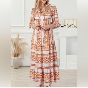 Chic Long Sleeve Patterned Dress in Orange